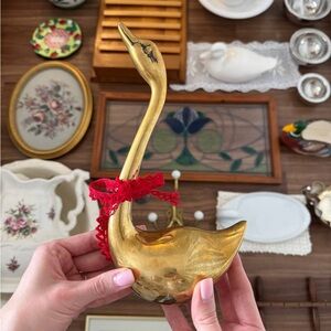 Brass Swan Trinket Dish with Red Ribbon Made in Korea